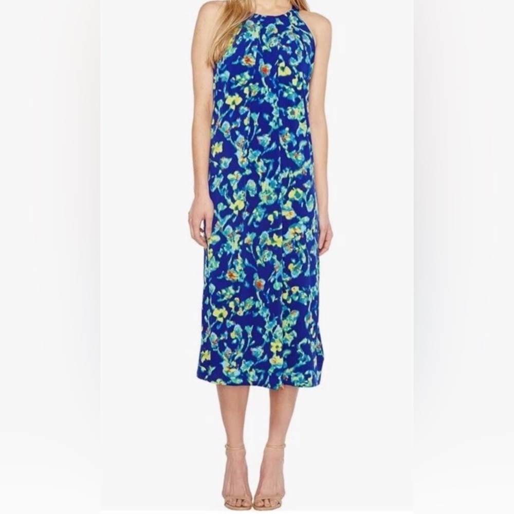 Ellen Tracy Blue Floral Midi Dress Sleeveless Halter Career Spring Summer Small